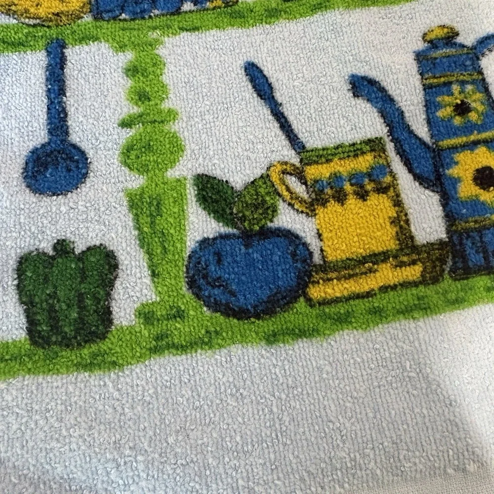 Vtg MCM Kitchen Teal Blue Terry Hand Towel Kitsch 70s Retro Groovy